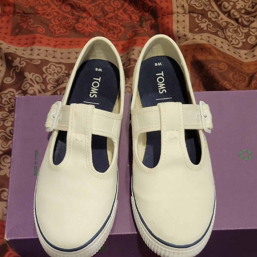 TOMS Cream Canvas Mary Jane Flats
